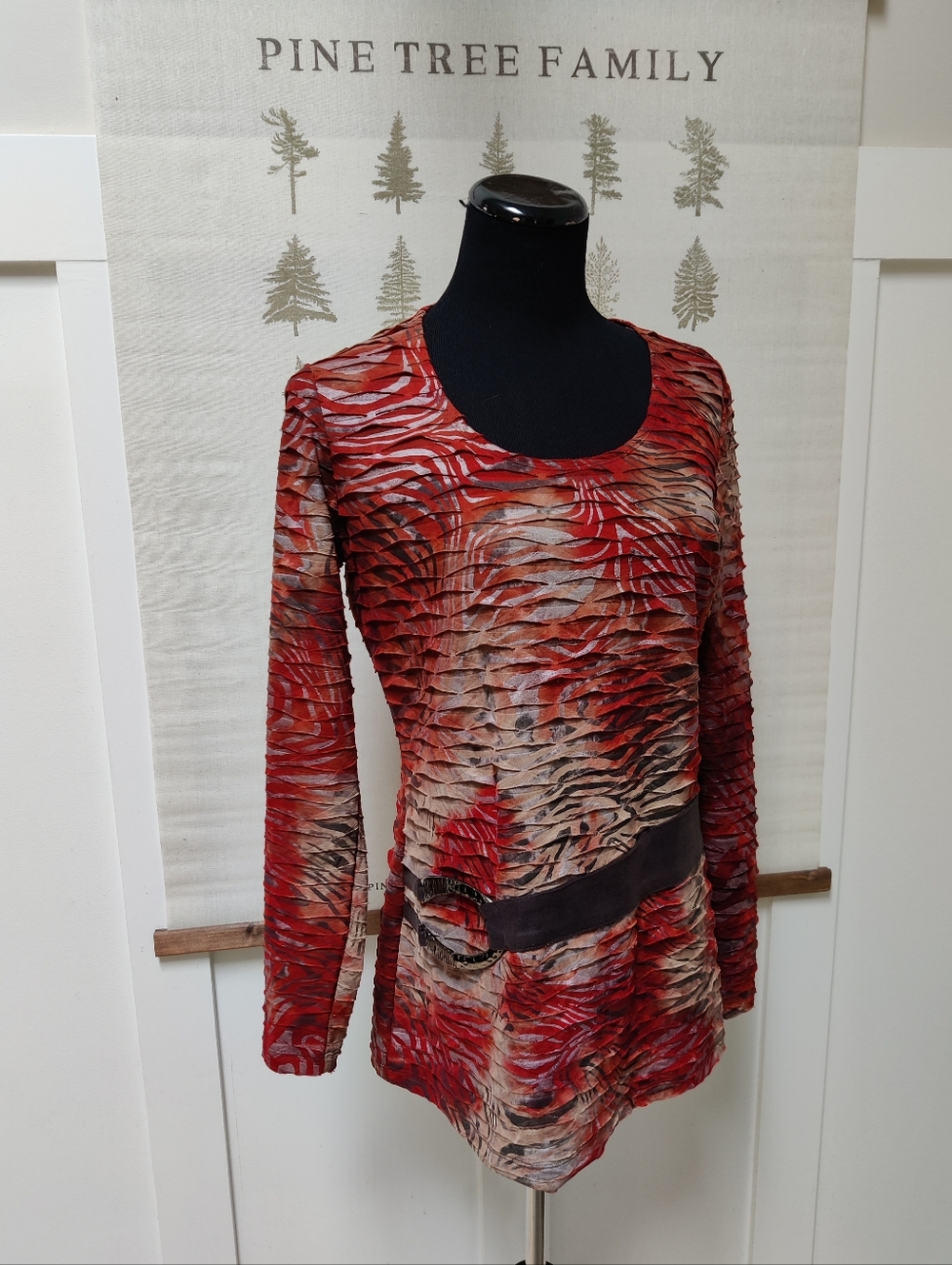 Conrad C Collection Textured Red Abstract Long Sleeve Top - Buckle Detail - Med